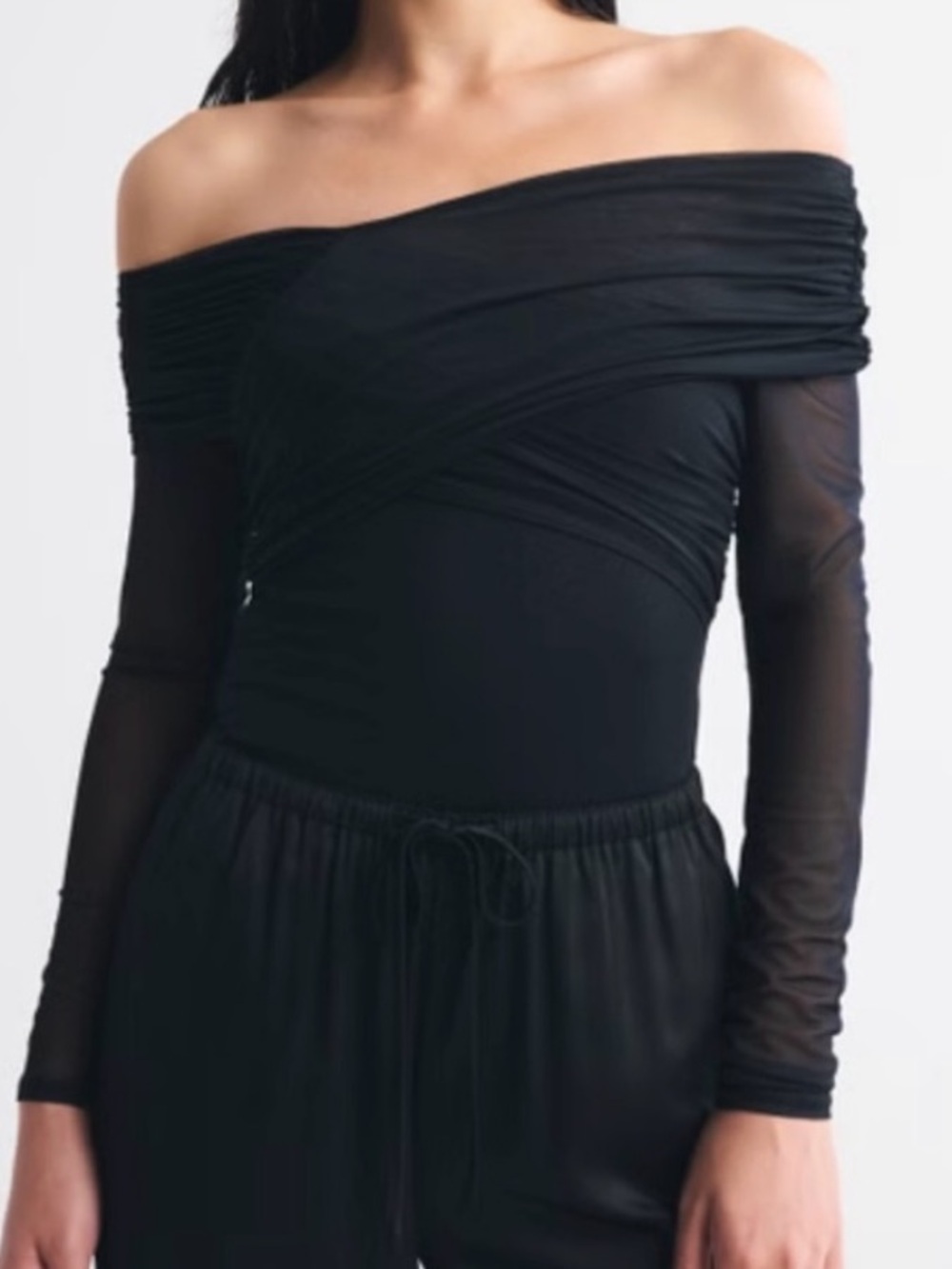 NWOT Off-Shoulder Black Mesh Sleeve Bodysuit